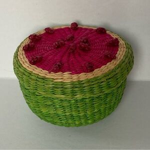 Vintage Watermelon Basket Trinket Box Small 2” Hinged Fruit Summer Pink Green